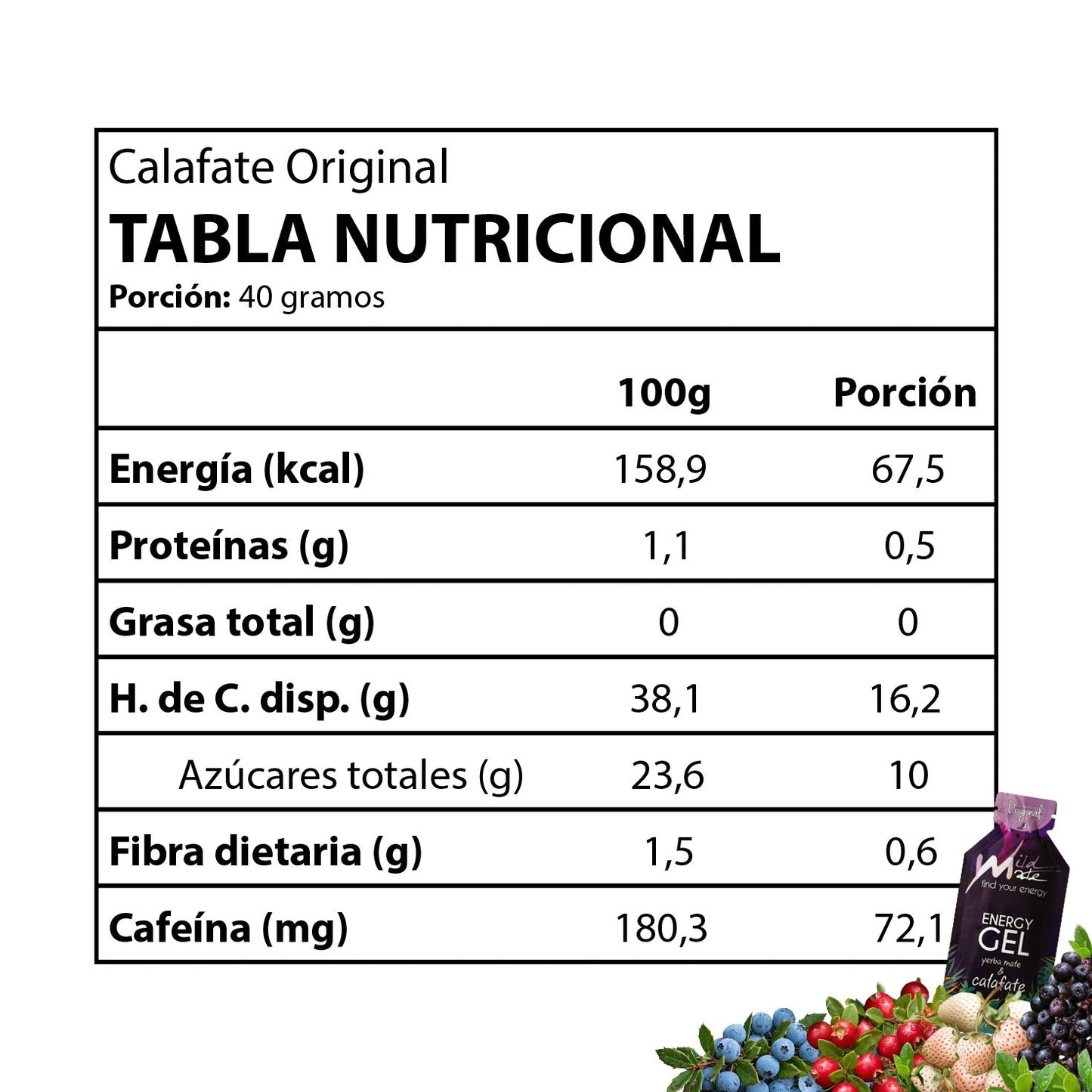 Tabla nutricional Gel energético Wildmate Original: Calafate