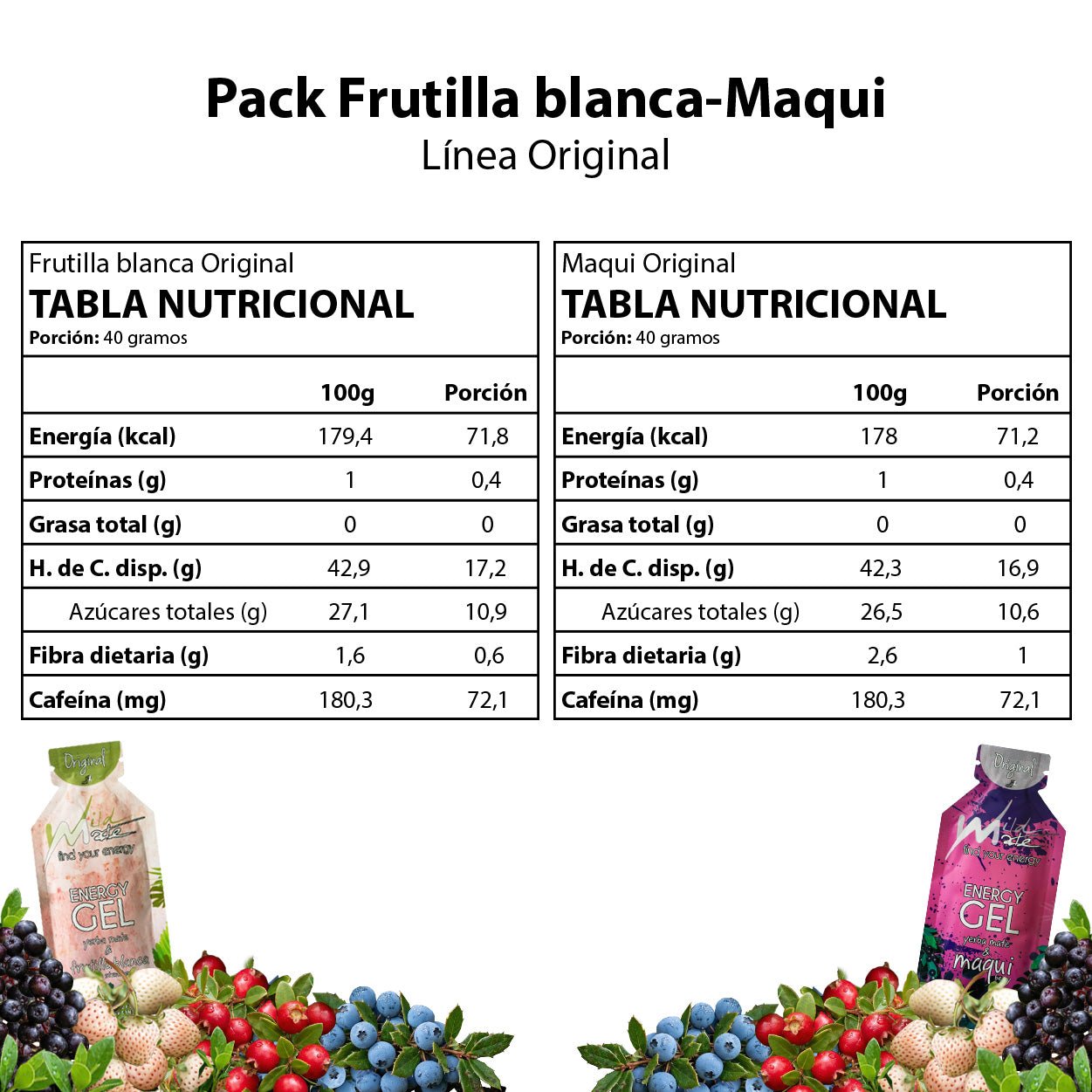 Tabla nutricional Gel energético Wildmate Original Pack: Frutilla Blanca-Maqui