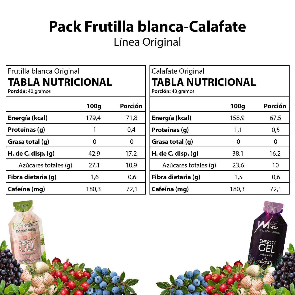 Tabla nutricional Gel energético Wildmate Original Pack: Frutilla blanca-Calafate