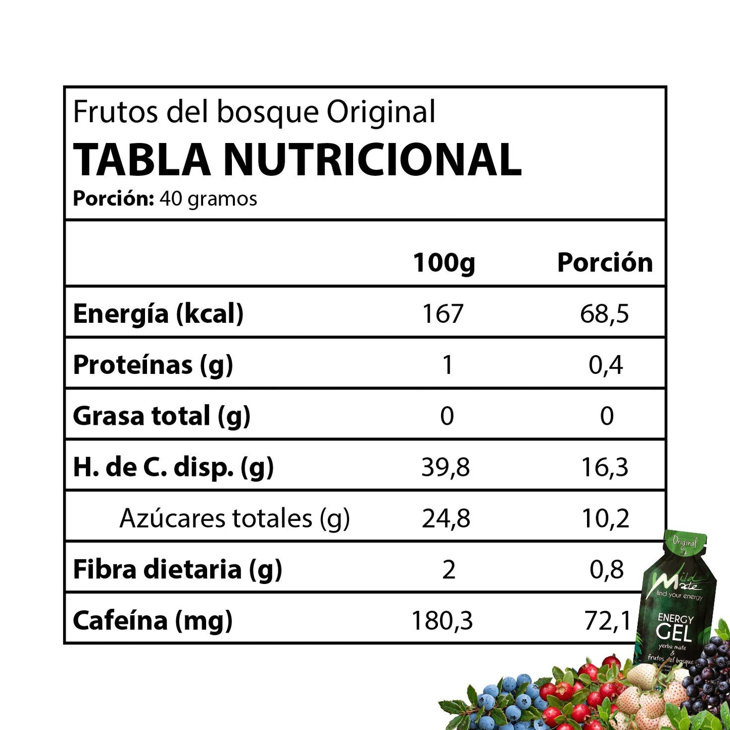 Tabla nutricional Gel energético Wildmate Original: Frutos del Bosque nativo