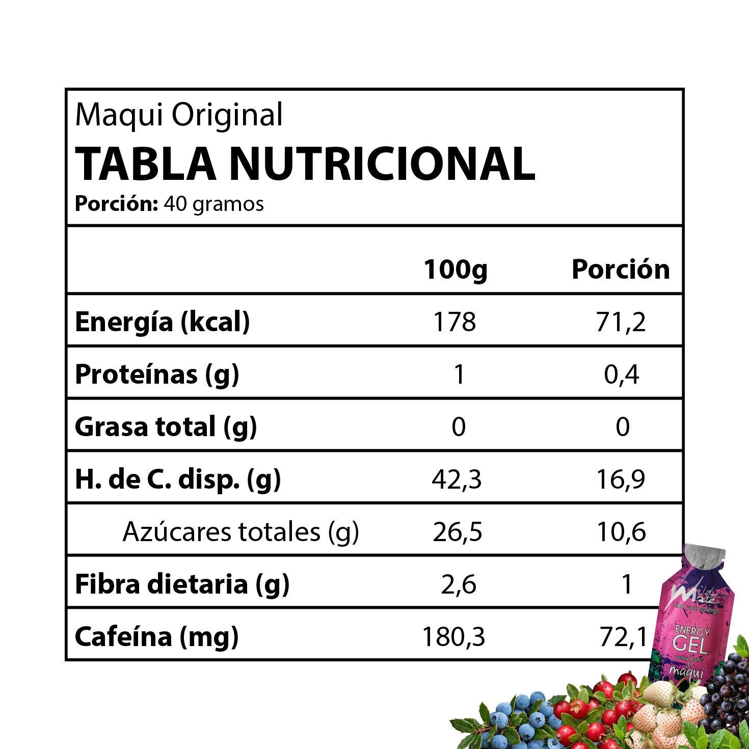 Tabla nutricional Gel energético Wildmate Original: Maqui