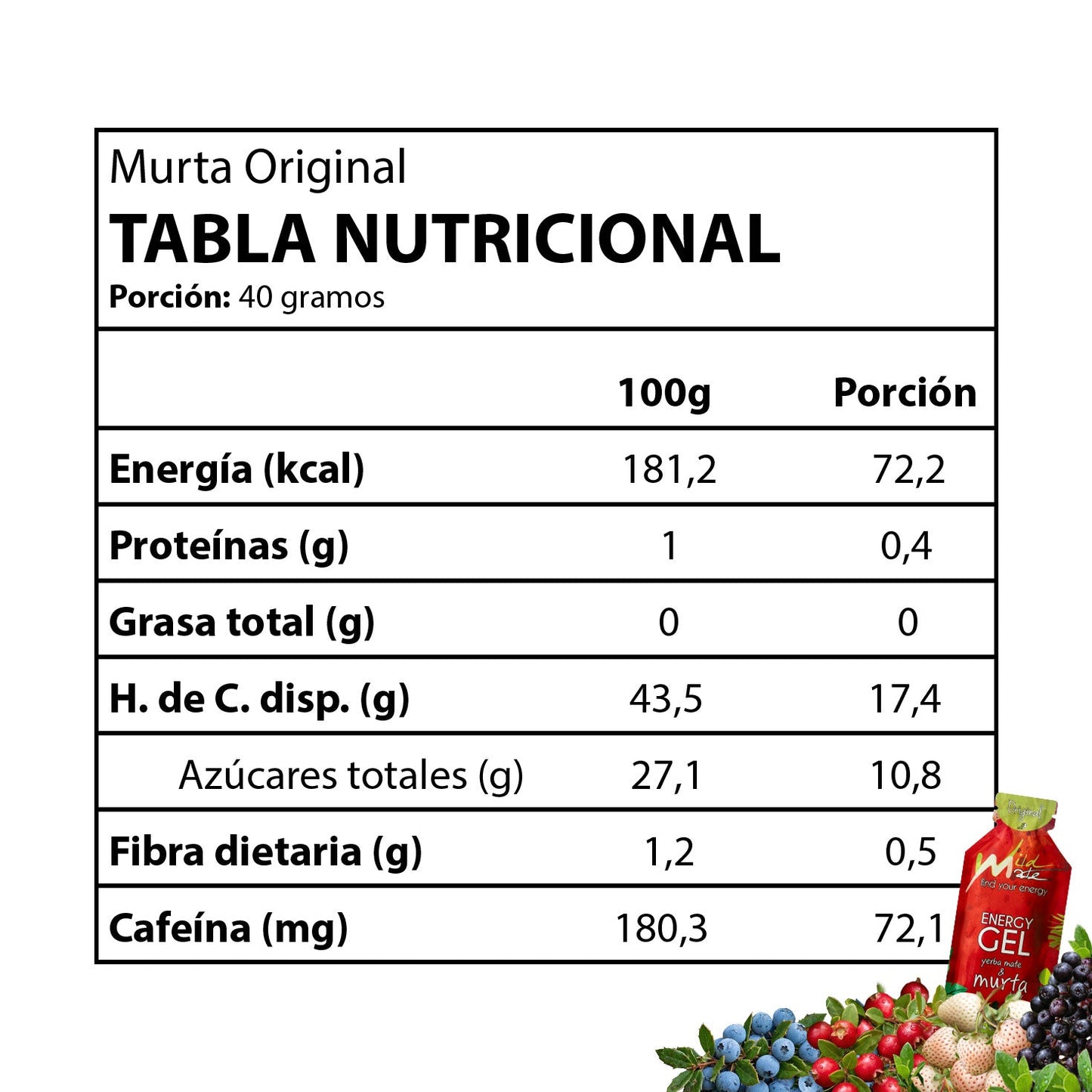 Tabla nutricional Gel energético Wildmate Original: Murta