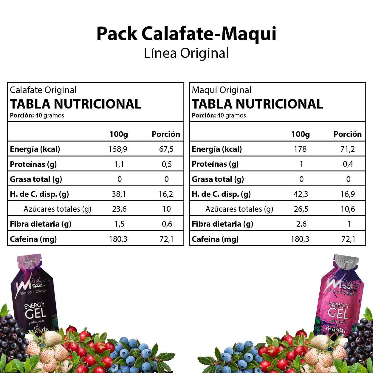 Tabla nutricional Gel energético Wildmate Original Pack: Calafate-Maqui