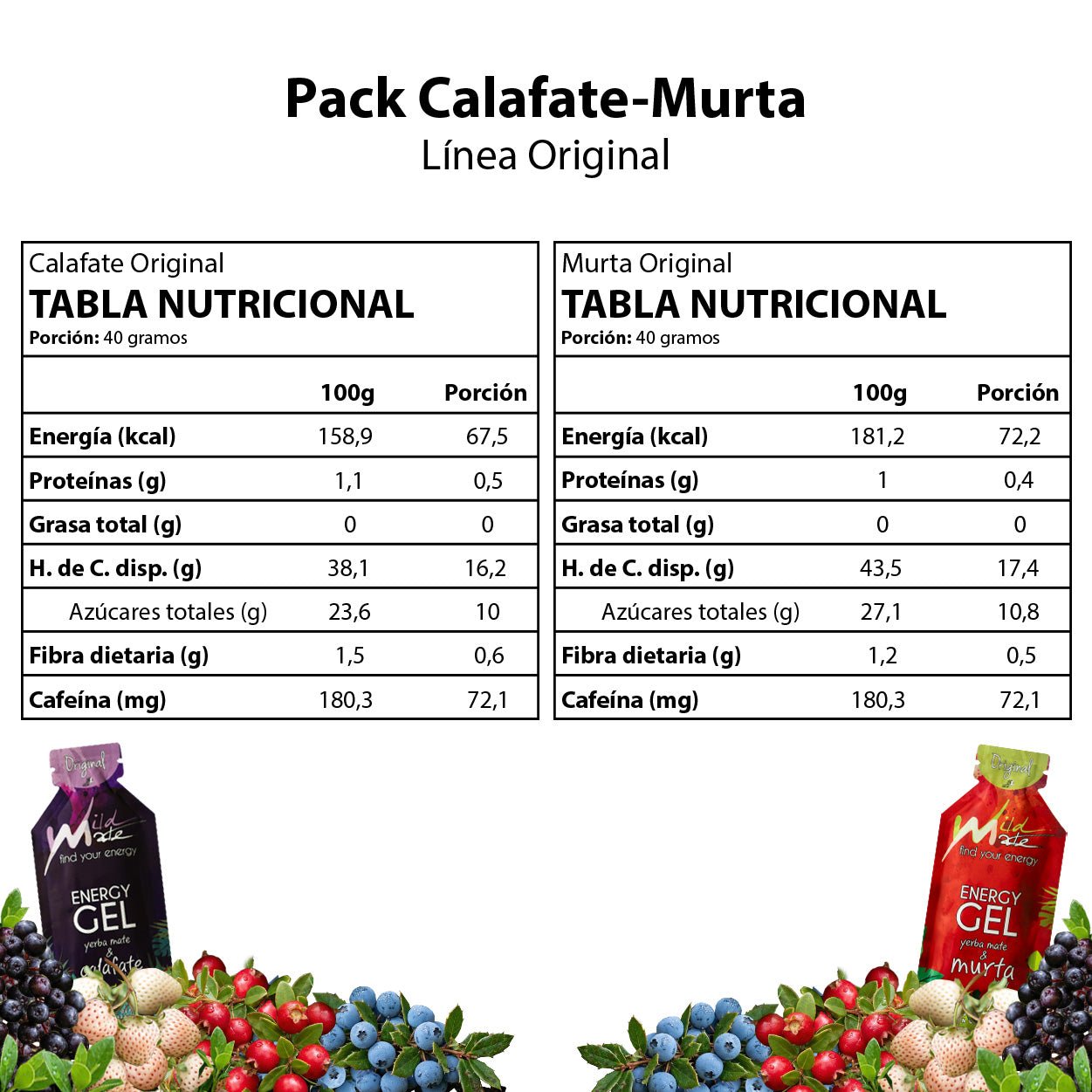 Tabla nutricional Gel energético Wildmate Original Pack: Calafate-Murta