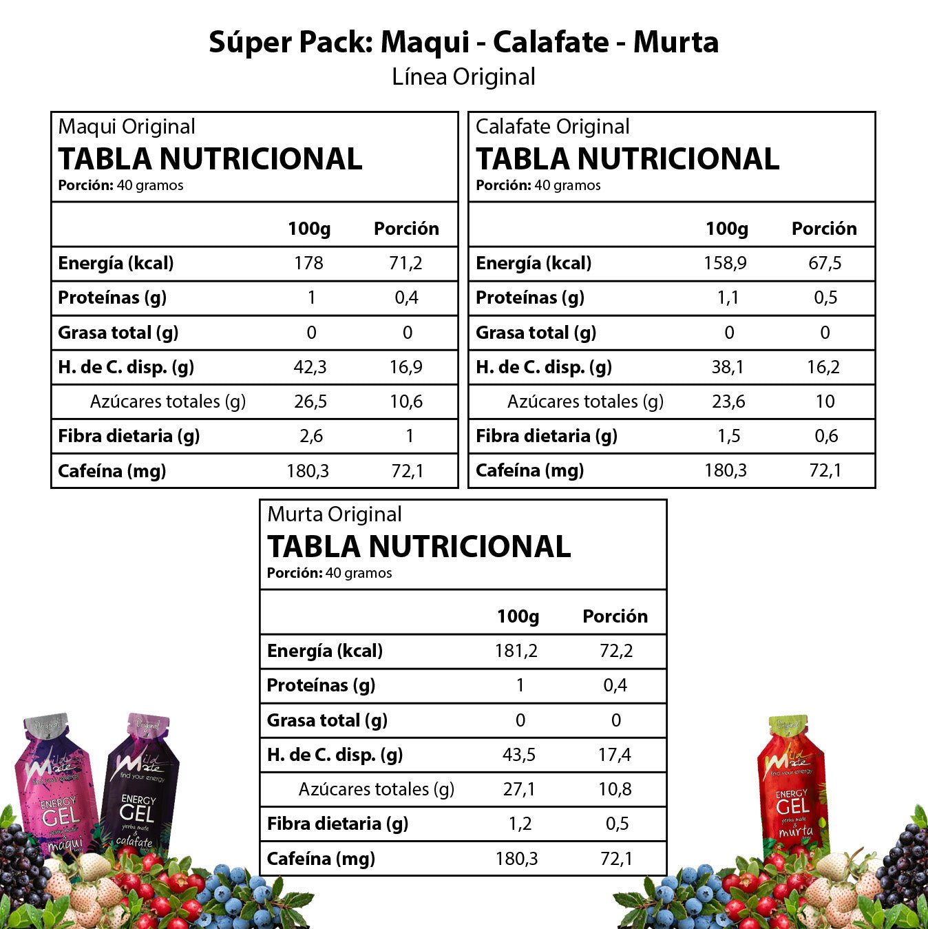 Tabla Gel energético Wildmate Original Súper Pack Maqui-Calafate-Murta
