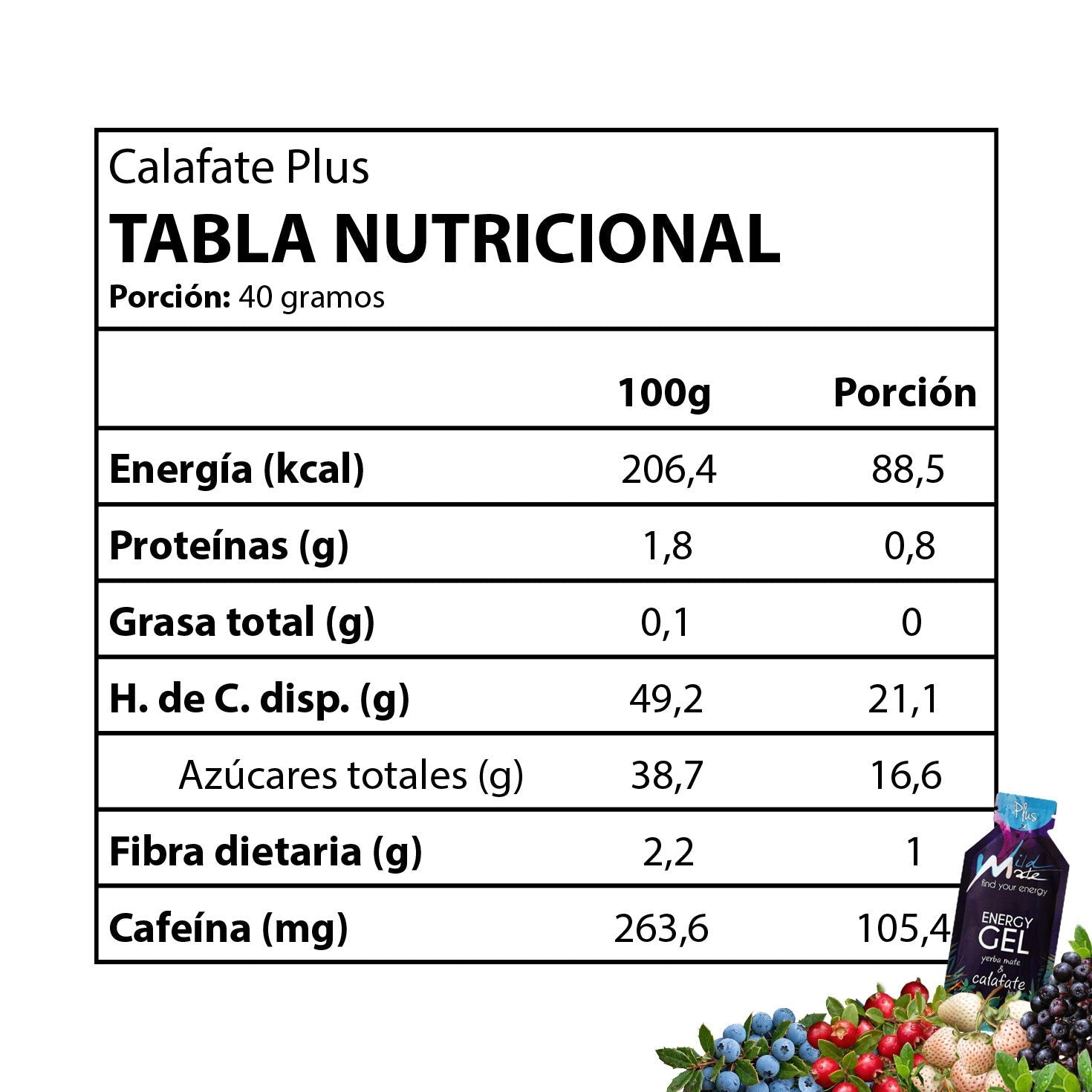 Tabla nutricional Gel energético Wildmate Plus: Calafate