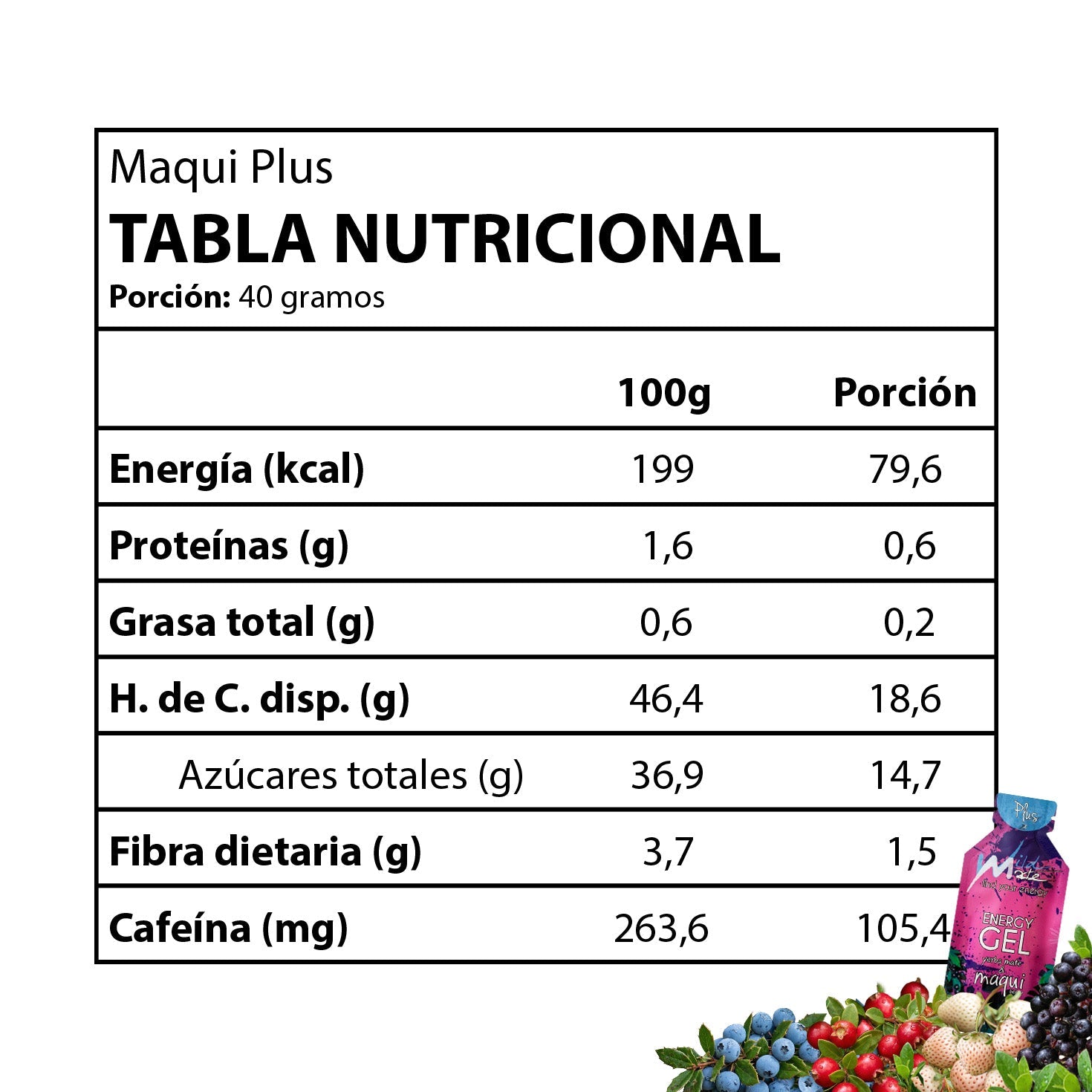Tabla nutricional Gel energético Wildmate Plus: Maqui