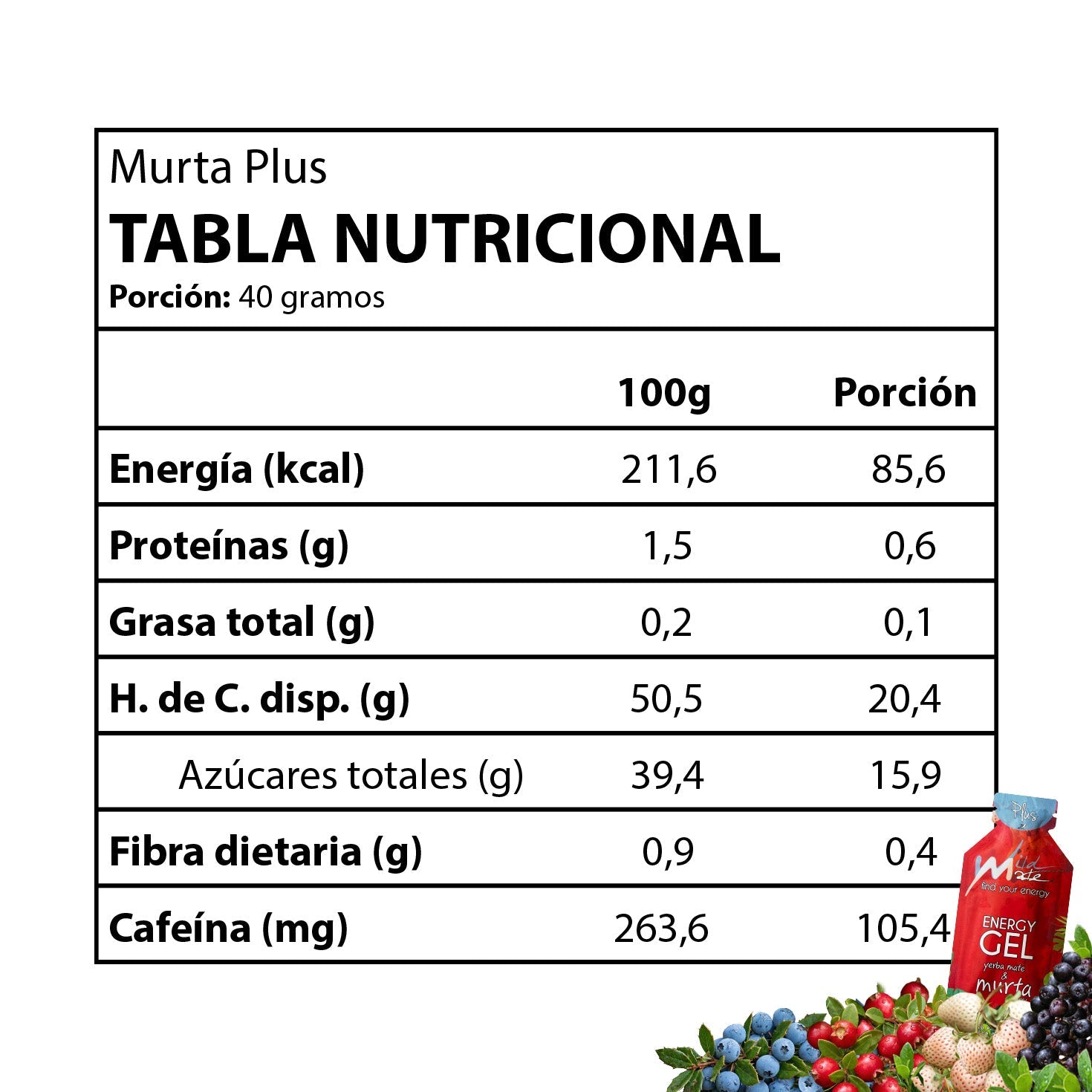 Tabla nutricional Gel energético Wildmate Plus: Murta