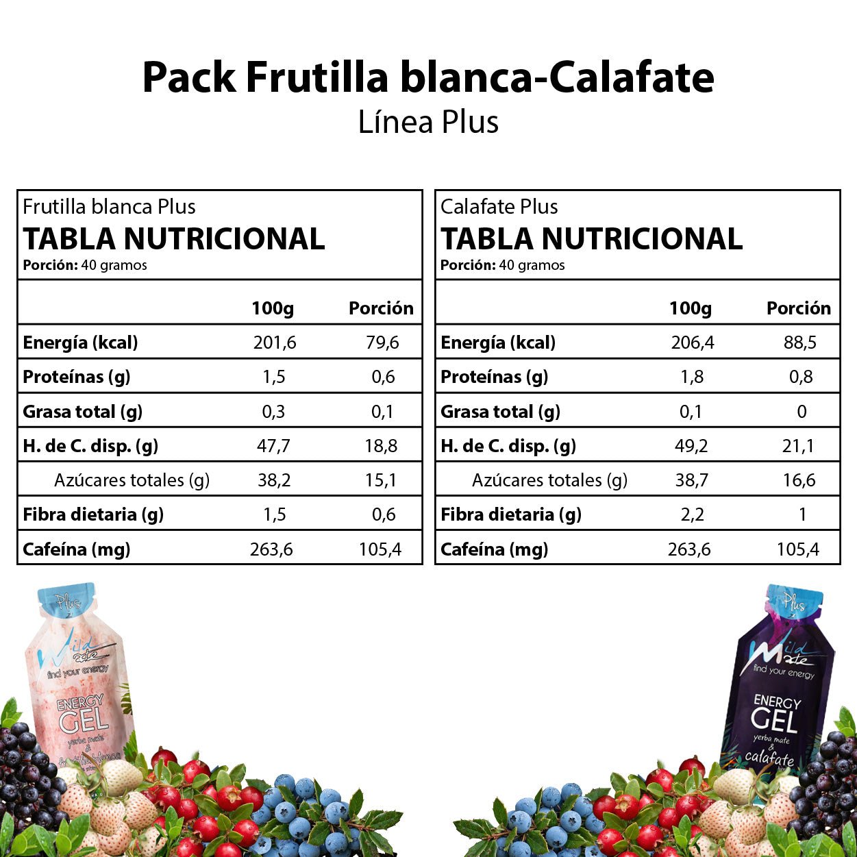 Tabla nutricional Gel energético Wildmate Plus Pack: Frutilla Blanca-Calafate